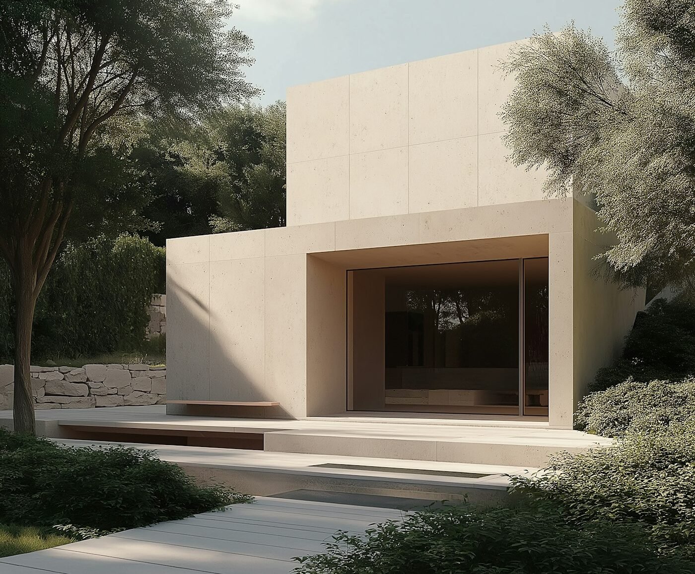 Maison contemporaine aux volumes clairs entourée d’arbres