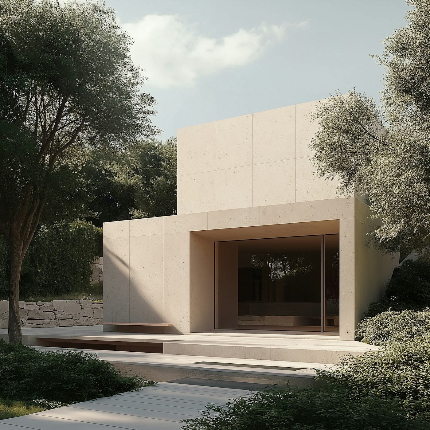 Maison contemporaine aux volumes clairs entourée d’arbres
