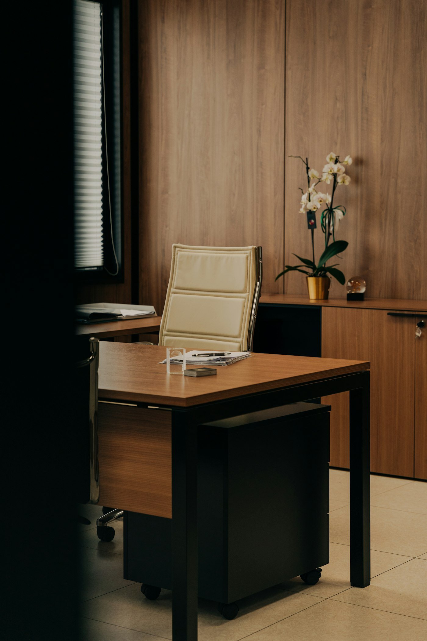 Bureau habillé de bois, fauteuil clair
